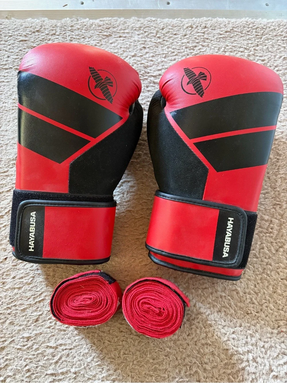 Hayabusa Red and Black Boxing Gloves with Wraps